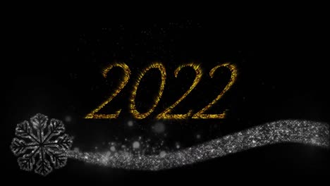 Animation-Des-Textes-2022-In-Gold-Mit-Schneeflocke-Und-Neujahrsfeuerwerk,-Das-Am-Nachthimmel-Explodiert