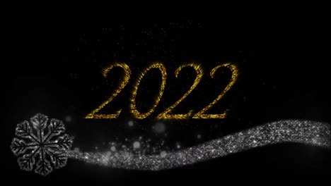 animation of 2022 text in gold with snowflake and new year fireworks exploding in night sky