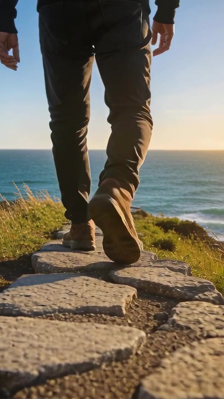 Vertikales Video: Ein Mann setzt den linken Fuß, geht auf einem Steinpfad mit Stiefeln zum Meerhorizont mit Gras.