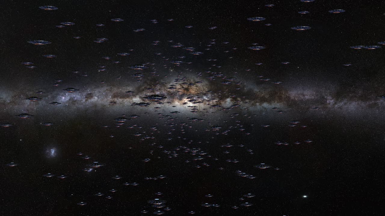 UFOs, huge group of rotating flying saucers, alien spaceships travelling through outer space towards the camera, 4k loop