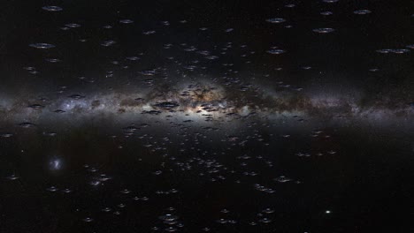 ovnis, un enorme grupo de platillos voladores giratorios, naves espaciales alienígenas viajando a través del espacio exterior hacia la cámara, bucle de 4k