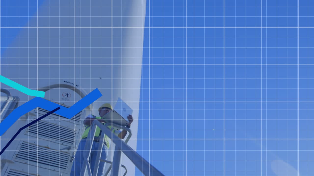 Animation of blue lines, data processing over wind turbine