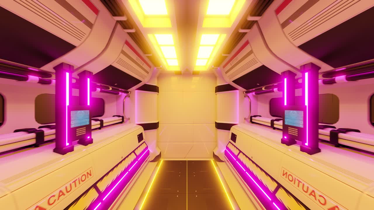 Rendering 3D di un corridoio di astronave futuristica con porte che si aprono
