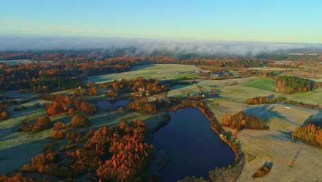 stunning aerial of lake, frosty fields and autumn trees in the sunlight with blue skies and fog moving in the horizon