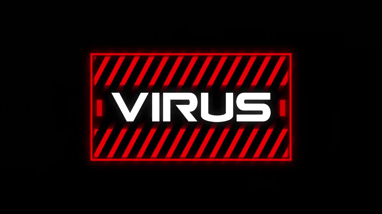 Animation af ordet Virus skrevet i en rød ramme på sort baggrund