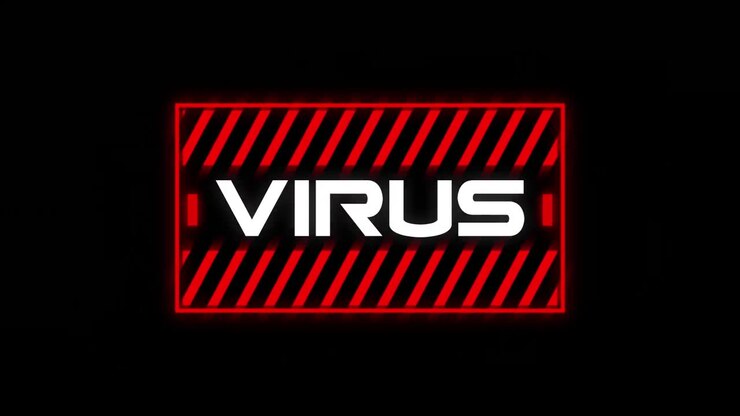 Animation of the word Virus written in red frame on black background.
