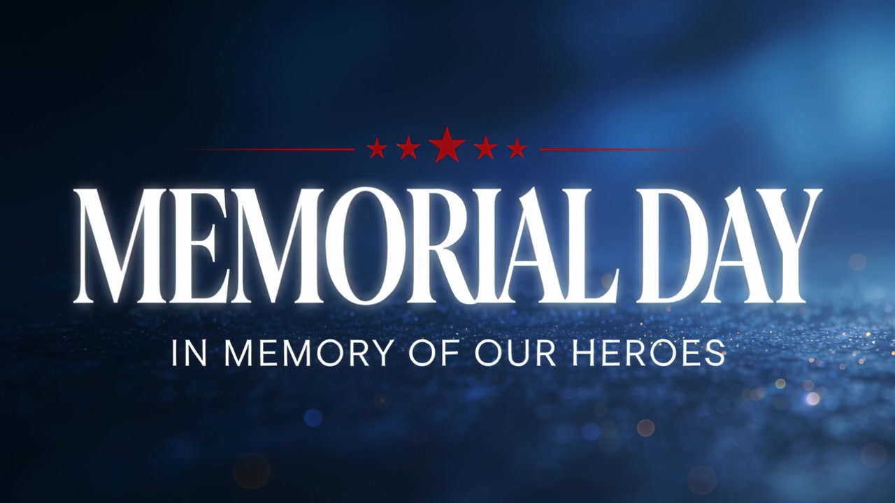 Riflettore pulsante che fa brillare il titolo e il sottotitolo MEMORIAL DAY sullo sfondo, onorando gli eroi