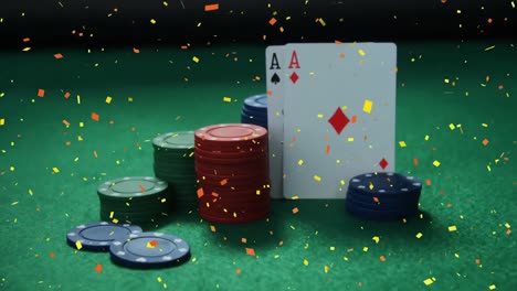 tokens and cards posed on casino table with confetti animation