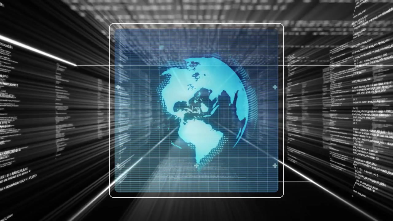Pannello HUD che appare gradualmente mentre un globo ciano appare e ruota per la scansione, in mezzo a codice in streaming.