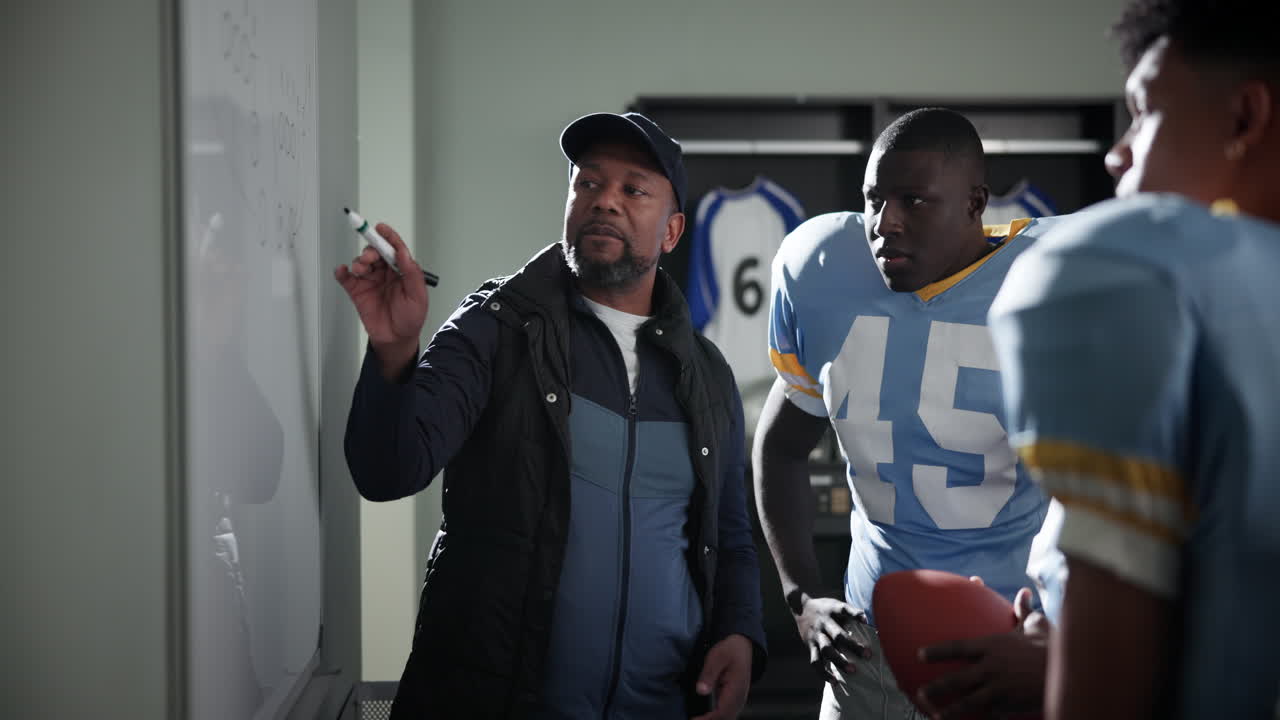 Football coach in locker room with his team