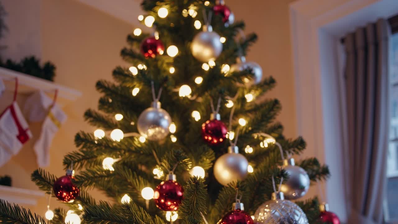 Festive Christmas tree adorned with red and silver ornaments, captured from a low angle
