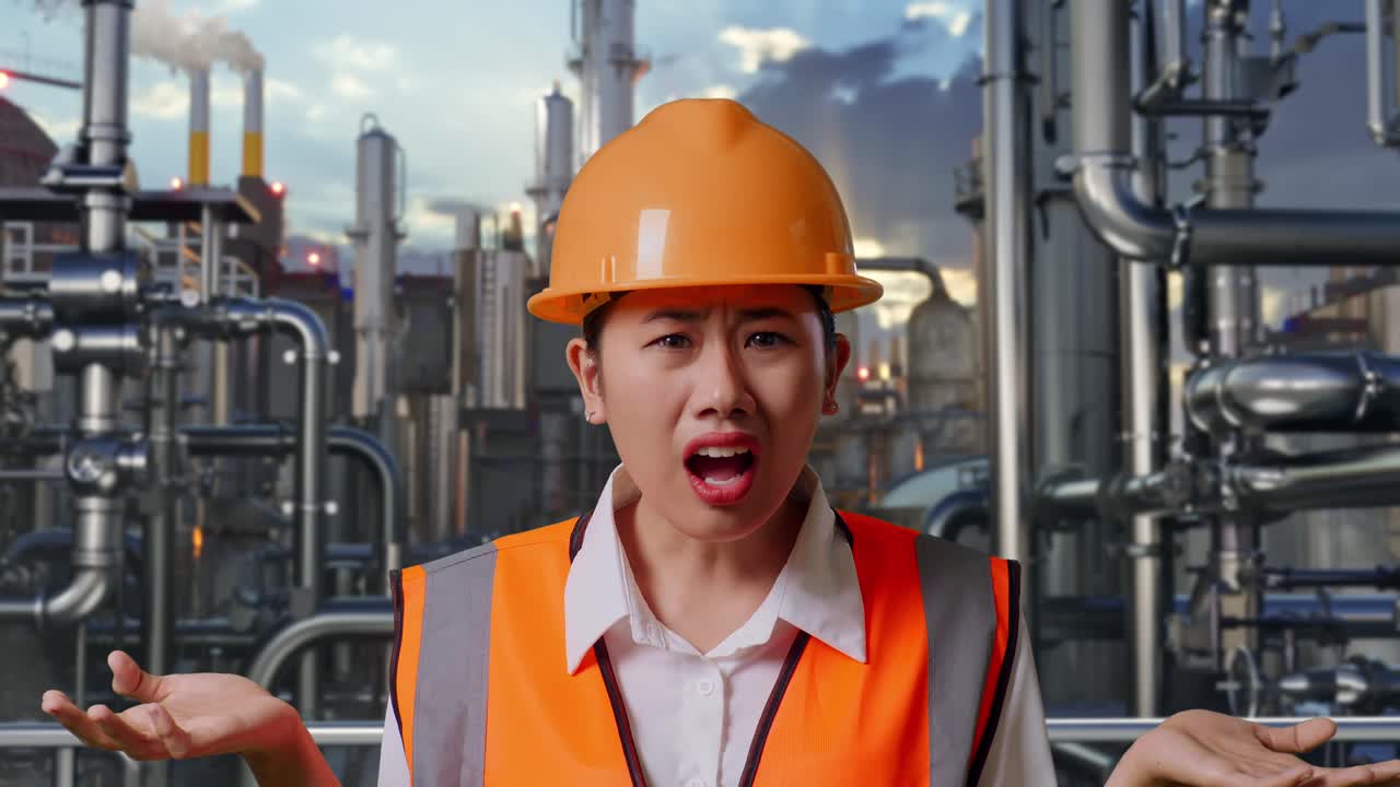 Confused Female Engineer in Front of Factory