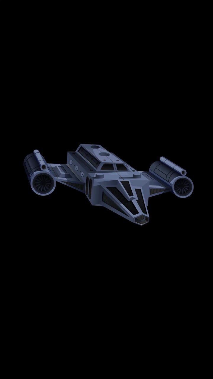 A grey sci-fi spacecraft drifts slowly against a solid black background in vertical format.