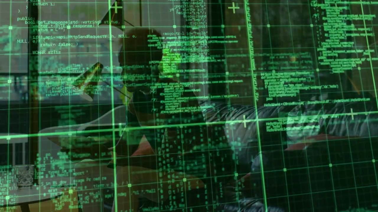 Man tapping phone on couch and leaning, analyzing code while green HUD intensifying around phone