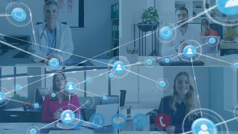 network of connections against digital interface on screen with people talking on videocall