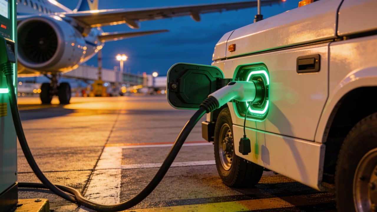 Havaalanı apronunda beyaz elektrikli yer aracının şarj girişine takılan konektör, uçağa güç veriyor