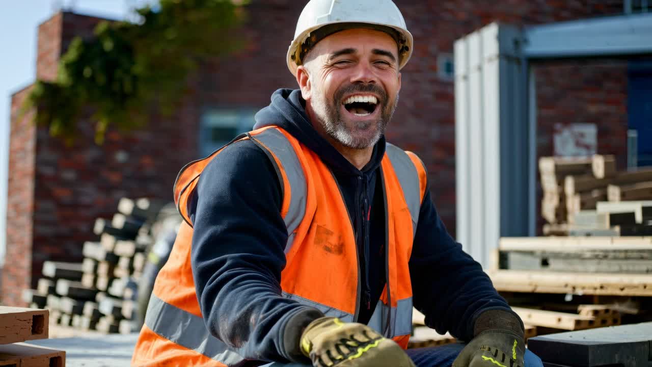 Smiling construction worker in safety gear, captured from a low-angle, highlighting a positive work