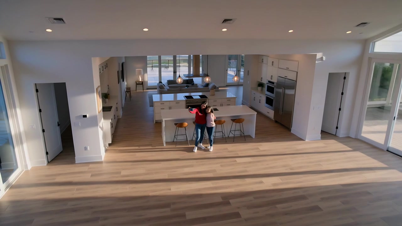 Entrando a una casa de planta abierta, pareja abrazándose en la isla de la cocina, señalando las puertas de cristal, inspeccionando