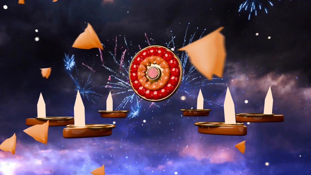 Medaglione che si posiziona ruotando mostrando scintille d'oro che esplodono, petali che fluttuano, diya che incorniciano Happy Diwali