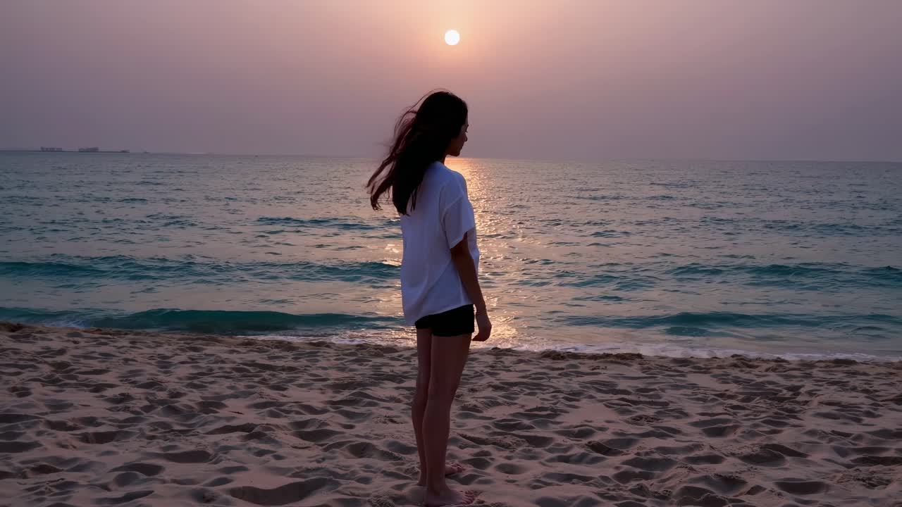 Young woman is standing on Jumeirah Beach in Dubai, United Arab Emirates, enjoying the serene view of the setting sun over the Arabian Gulf