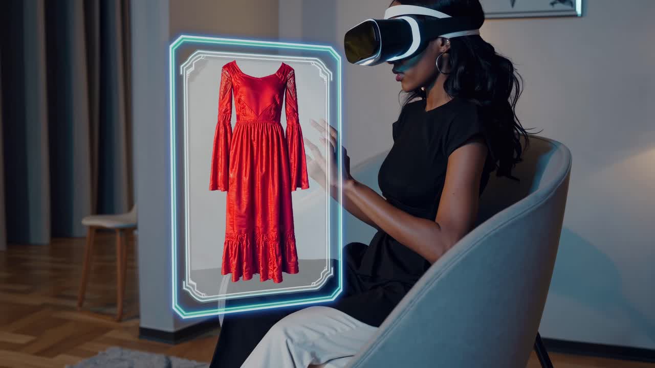 Woman using VR headset to try on a red dress