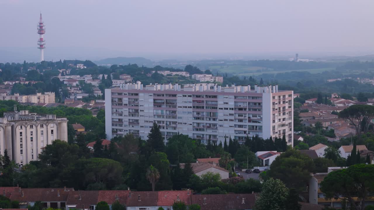 Aerial establishing shot of modern apartments at the Celleneuve district in Montpellier