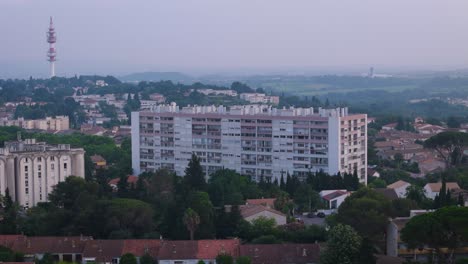 aerial establishing shot of modern apartments at the celleneuve district in montpellier