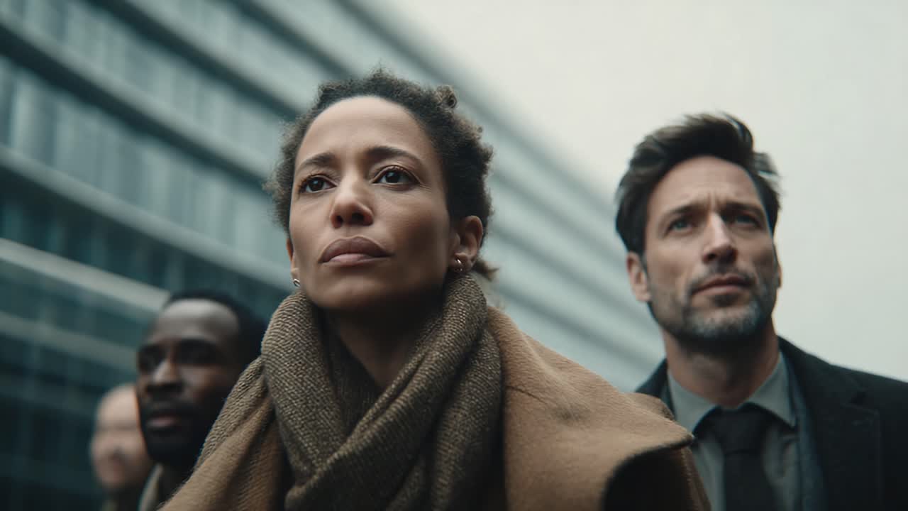 A group of diverse individuals stands determined and focused, navigating a modern urban setting as they confront challenges and embrace a future of possibilities