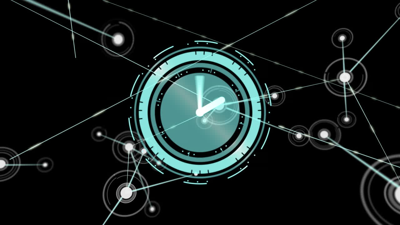 Animation of network of connections and clock moving over black background