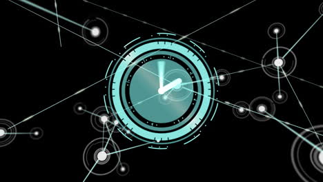 animación de la red de conexiones y reloj moviéndose sobre fondo negro