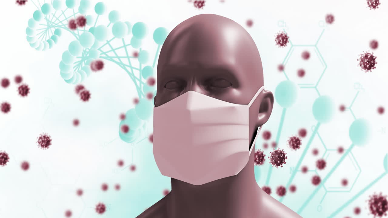 la cabeza humana digital con máscara y modelos de virus ilustra el concepto de covid-19.