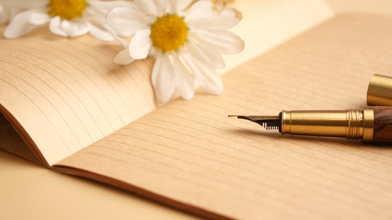 Fountain pen, notebook and daisy flower