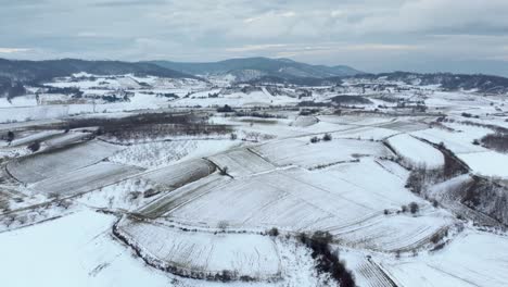 Vista-Aérea-De-Campos-Nevados-Congelados-Montañas-Bosque-Fondo-Día-Nublado