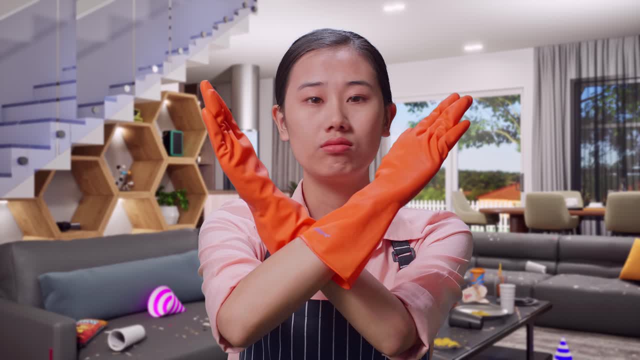 Close Up Of Disagree Asian Female Housekeeper With An Apron Showing Prohibition Action While Standing In House