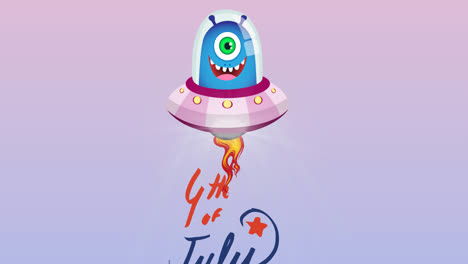 animación del texto del 4 de julio con allien sonriente sobre fondo púrpura