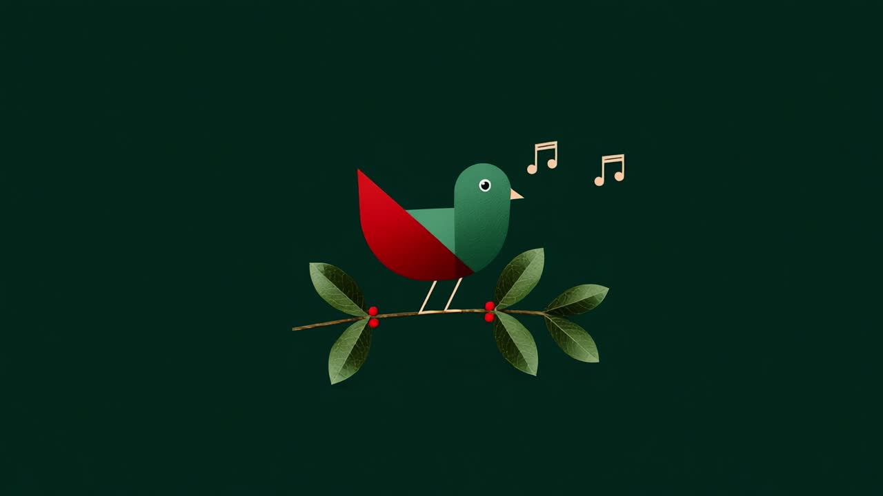 A Charming Animated Bird Singing Cheerfully on a Green Background Surrounded by Leaves and Berries, Perfect for the Holiday Season with a Whimsical and Festive Atmosphere