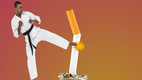 animación de un hombre de karate afroamericano pateando un cigarrillo sobre un fondo naranja