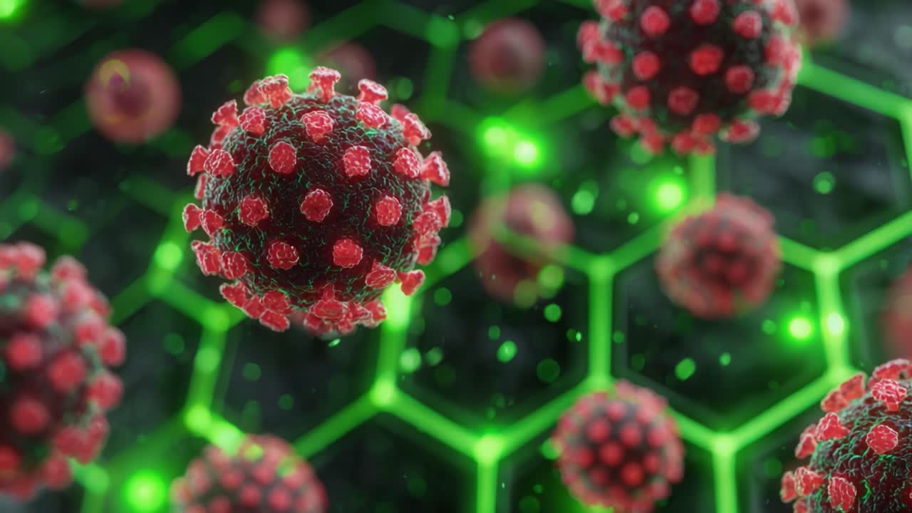 Intricate Visualization of Viral Particles Surrounded by a Distinct Hexagonal Network, Highlighting the Complex Interactions of Microorganisms in a 3D Environment