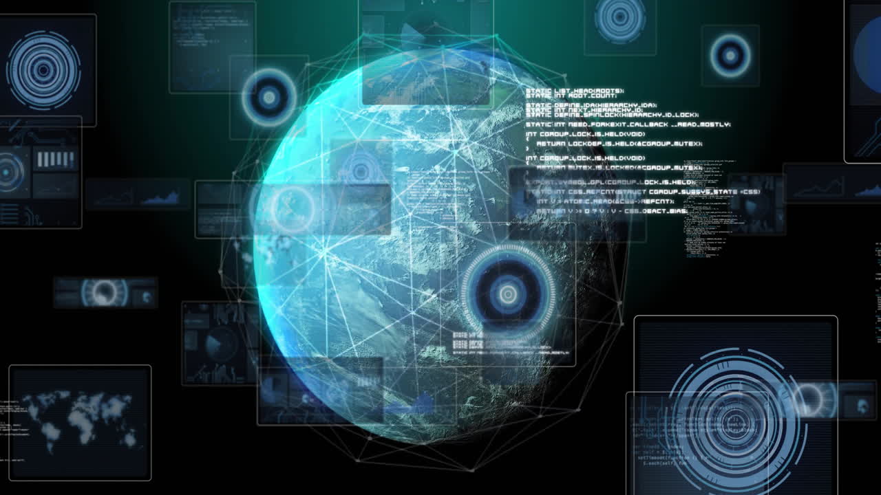 Animation of digital data processing and connections over globe