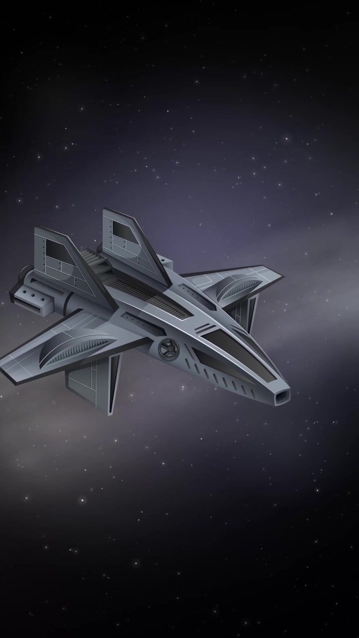 Various 2D illustrated spaceships drift across a vertical starry background with subtle nebula clouds.