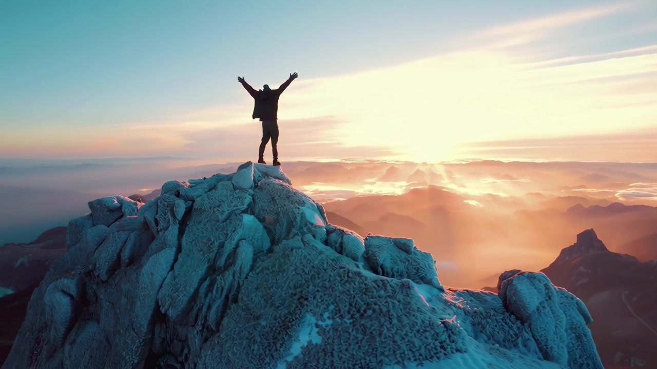 Wanderer steht auf verschneitem Berggipfel mit ausgestreckten Armen bei Sonnenaufgang