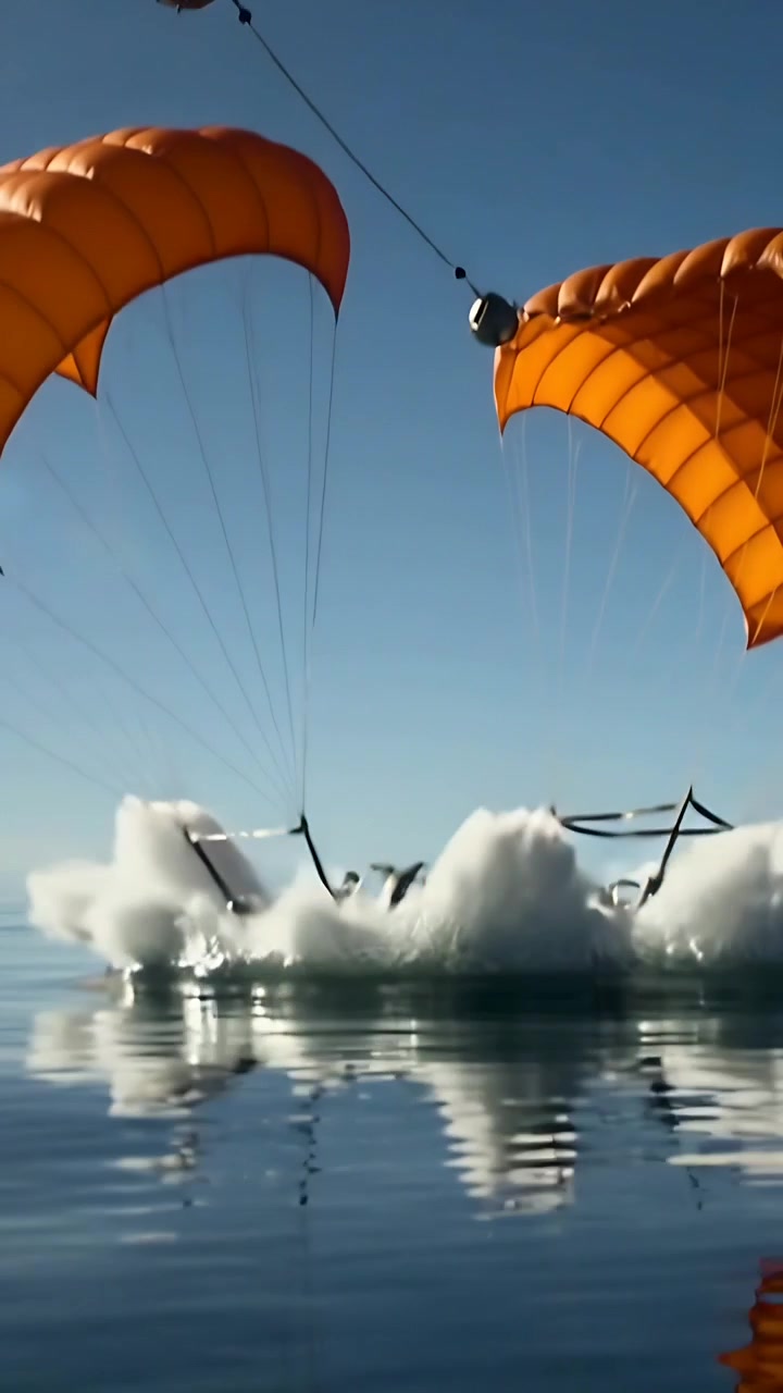 Video verticale: Capsula d'argento che scende e colpisce il mare dopo un lancio con paracadute, rilasciando una boa.