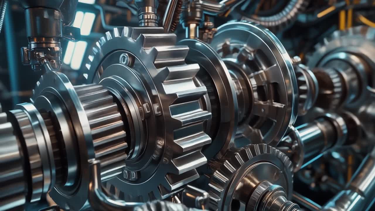 Detailní pohled na pohybující se mechanická ozubená kola a hřídele