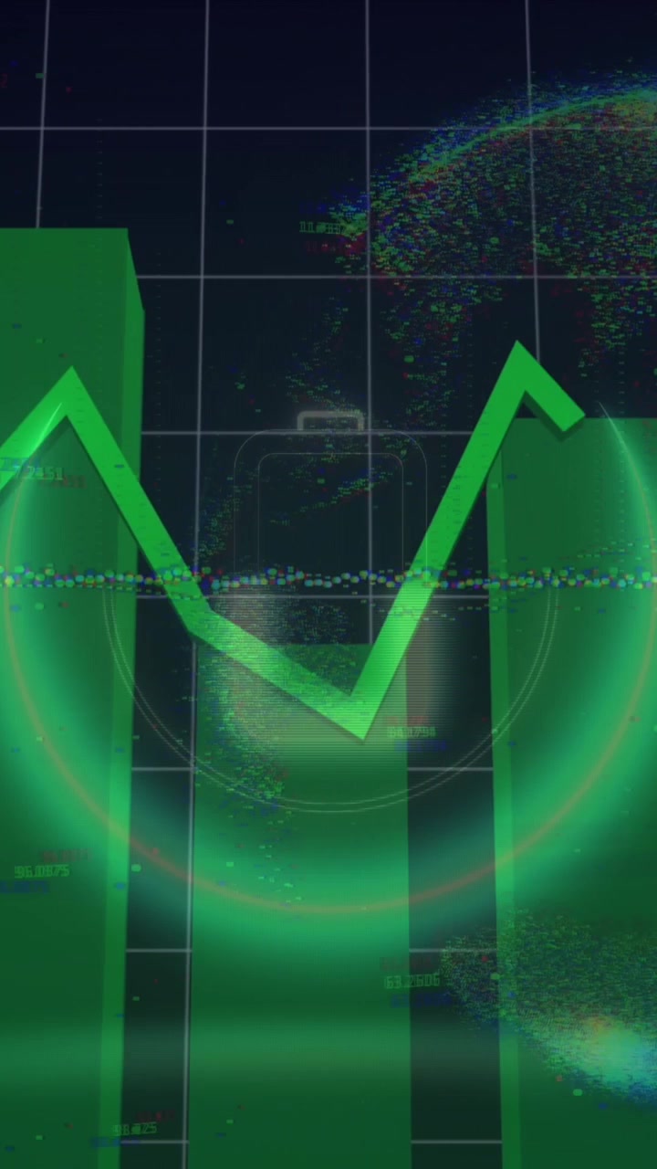 Animazione di linea verde, elaborazione dati finanziari su sfondo a griglia.