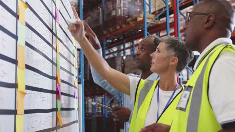 warehouse staff in discussion at an information board 4k