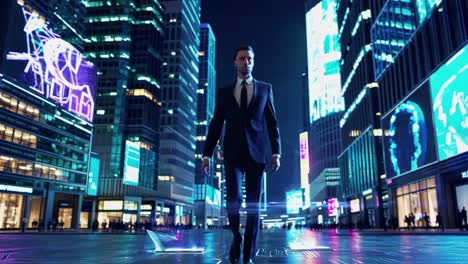 businessman walking in a futuristic city at night
