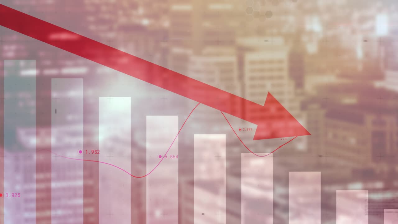 Animated data visualization showing translucent bars with red arrow, line plot and hex grid overlay
