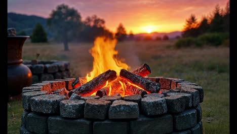 fuego de campamento al atardecer en el bosque