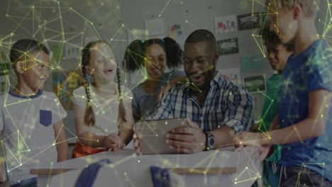 Animation-of-networks-over-happy-african-america-male-teacher-and-pupils-using-tablet-in-class