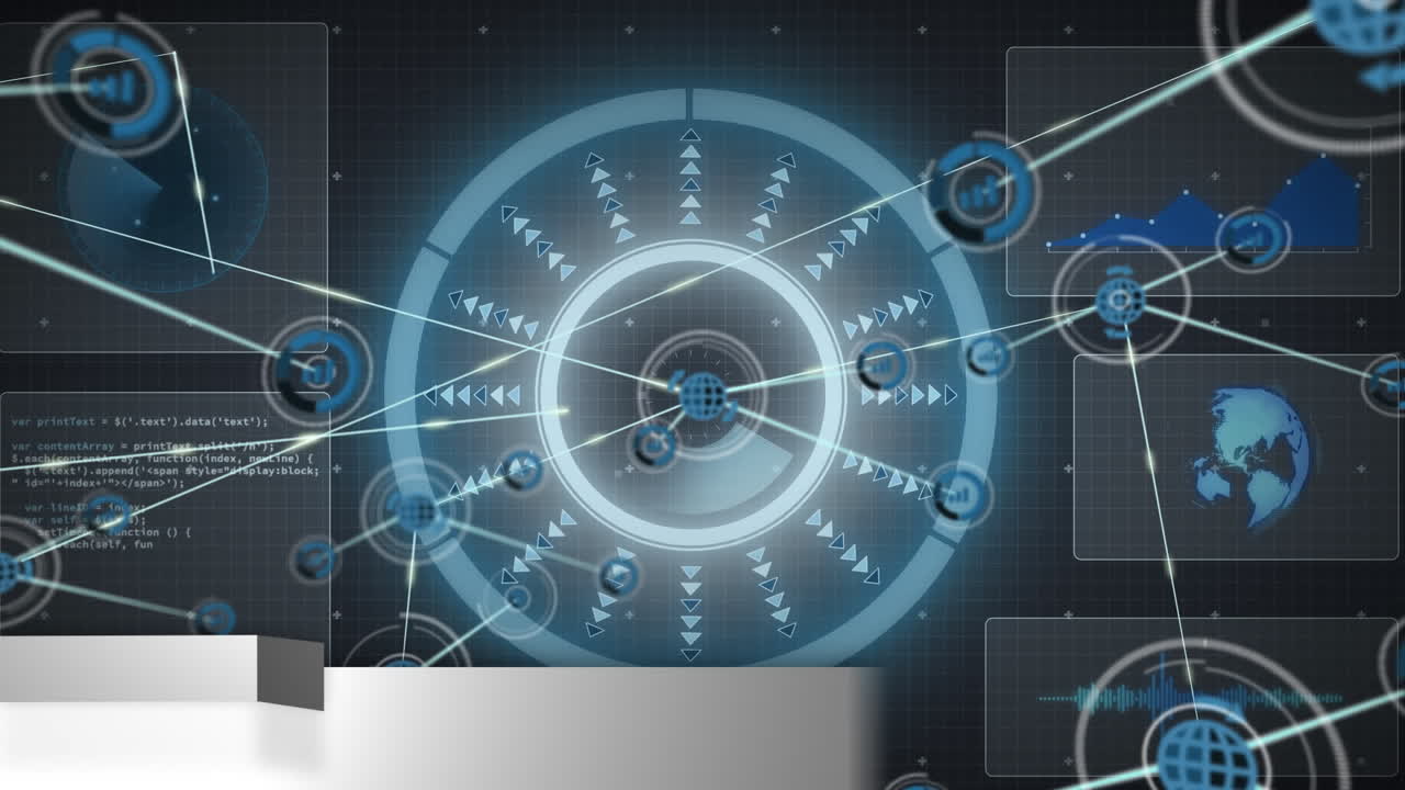글로브, 범위, 아이콘 및 연결 네트워크와 함께 뉴스 텍스트의 애니메이션